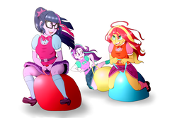 Size: 3000x2000 | Tagged: safe, artist:livehotsun, artist:seishinann, sci-twi, starlight glimmer, sunset shimmer, twilight sparkle, equestria girls, g4, clothes, clothes swap, falling off, female, glasses, high res, looking back, mary janes, ponytail, sci-twi outfits, shoes, simple background, skirt, skirt lift, socks, space hopper, thighs, trio, white background