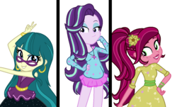 Size: 1304x786 | Tagged: safe, artist:gihhbloonde, gloriosa daisy, juniper montage, starlight glimmer, dance magic, equestria girls, equestria girls specials, g4, alternate hairstyle, alternate universe, base used, dancing, ear piercing, earring, female, flower, flower in hair, glasses, jewelry, peace sign, piercing, simple background, transparent background