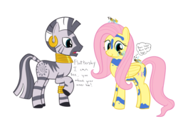 Size: 1200x800 | Tagged: safe, artist:mightyshockwave, fluttershy, zecora, bee, flash bee, pegasus, pony, zebra, a health of information, g4, bodypaint, ear piercing, earring, female, jewelry, mare, paint, piercing, rhyme