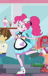 Size: 685x1080 | Tagged: safe, screencap, frosty orange, pinkie pie, wiz kid, coinky-dink world, equestria girls, g4, my little pony equestria girls: summertime shorts, background human, clothes, cropped, drink, hat, roller skates, server pinkie pie, shoes, skirt, smiling