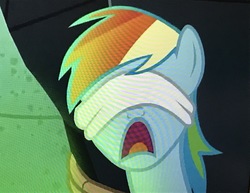 Size: 3919x3024 | Tagged: safe, screencap, rainbow dash, pegasus, pony, daring done?, g4, blindfold, bondage, female, high res, mare, open mouth, solo
