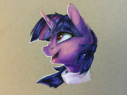 Size: 1088x816 | Tagged: safe, artist:tangomangoes, twilight sparkle, pony, g4, female, mare, open mouth, simple background, smiling, solo, traditional art