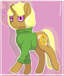 Size: 821x973 | Tagged: safe, artist:anonymous-potayto, oc, oc only, oc:turtleneck, pony, unicorn, clothes, female, mare, offspring, parent:derpy hooves, parent:trenderhoof, parents:trenderpy, solo, sweater