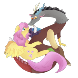 Size: 1000x1000 | Tagged: safe, artist:utauchi, discord, fluttershy, draconequus, pony, g4, eye contact, female, looking at each other, male, ship:discoshy, shipping, simple background, spread wings, straight, transparent background, wings
