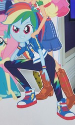 Size: 977x1622 | Tagged: safe, applejack, fluttershy, pinkie pie, rainbow dash, sci-twi, twilight sparkle, equestria girls, g4, my little pony equestria girls: better together, boots, cardboard cutout, clothes, converse, cowboy boots, cropped, denim skirt, geode of super speed, geode of super strength, jacket, looking at you, magical geodes, offscreen character, pants, shoes, skirt, smiling, sneakers