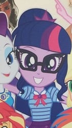 Size: 513x910 | Tagged: safe, screencap, applejack, pinkie pie, rainbow dash, rarity, sci-twi, sunset shimmer, twilight sparkle, equestria girls, g4, my little pony equestria girls: better together, cardboard cutout, cardboard twilight, clothes, cropped, female, geode of shielding, geode of telekinesis, glasses, looking at you, magical geodes, ponytail, smiling