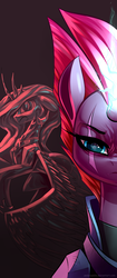 Size: 1714x4096 | Tagged: safe, artist:underpable, princess celestia, tempest shadow, twilight sparkle, alicorn, pony, g4, my little pony: the movie, broken horn, female, half-face shot, horn, looking at someone, looking at you, mare, petrification, reflection, twilight sparkle (alicorn)