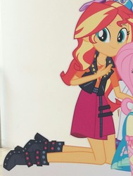 Size: 1025x1358 | Tagged: safe, fluttershy, rarity, sunset shimmer, equestria girls, g4, my little pony equestria girls: better together, boots, cardboard cutout, clothes, cropped, geode of empathy, geode of shielding, high heel boots, jacket, looking at you, magical geodes, offscreen character, shoes, skirt, smiling