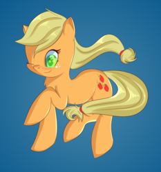Size: 2795x2995 | Tagged: safe, artist:brok-enwings, applejack, earth pony, pony, g4, blue background, cute, female, high res, jackabetes, mare, missing accessory, one eye closed, simple background, smiling, solo, wink