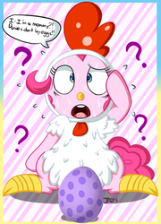 Size: 420x583 | Tagged: safe, artist:pokumii, artist:the smiling pony, edit, pinkie pie, chicken, g4, luna eclipsed, animal costume, chicken pie, chicken suit, clothes, costume, dialogue, egg, female, how, open mouth, oviposition, pinkie logic, question mark, solo, spike's egg, sweat