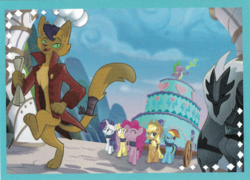 Size: 1785x1283 | Tagged: safe, applejack, capper dapperpaws, fluttershy, pinkie pie, rainbow dash, rarity, spike, abyssinian, cat, dragon, pony, anthro, digitigrade anthro, g4, my little pony: the movie, anthro with ponies, cake, chest fluff, clothes, coat, food, storm guard