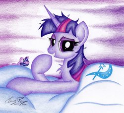 Size: 1024x935 | Tagged: safe, artist:thechrispony, starlight glimmer, trixie, twilight sparkle, g4, bed, bedroom eyes, bedsheets, chest fluff, female, looking at you, messy mane, morning ponies, plushie, smiling, traditional art