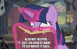 Size: 960x610 | Tagged: safe, edit, edited screencap, screencap, twilight sparkle, alicorn, pony, a health of information, g4, book, implied shipping, shiplight sparkle, shipper on deck, twilight sparkle (alicorn), twilight the shipper