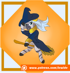 Size: 1013x1050 | Tagged: safe, artist:sewlde, zecora, zebra, g4, alternate hairstyle, broom, ear piercing, earring, female, flying, flying broomstick, hat, jewelry, looking at you, mare, patreon, patreon logo, piercing, simple background, solo, witch hat