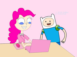 Size: 1024x753 | Tagged: safe, artist:04startycornonline88, pinkie pie, human, g4, adventure time, computer, crossover, duo, finn the human, humanized, laptop computer, male