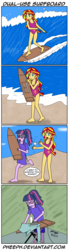 Size: 525x1899 | Tagged: safe, artist:pheeph, sci-twi, sunset shimmer, twilight sparkle, equestria girls, g4, beach, clothes, comic, ironing, old master q, parody, surfboard, surfing, swimsuit, wave