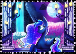 Size: 1280x904 | Tagged: safe, artist:animechristy, princess luna, alicorn, pony, g4, cherry blossoms, cloud, color porn, crossed hooves, female, flower, flower blossom, lavender, lights, mare, moon, night, smiling, solo, stars, waterfall