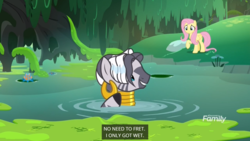 Size: 1366x768 | Tagged: safe, screencap, fluttershy, zecora, pegasus, pony, zebra, a health of information, g4, alternate hairstyle, criss cross moss, ear piercing, earring, everfree forest, forest, jewelry, moss, muck, out of context, piercing, rhyme, subtitles, swamp, swamp fever plant, wet, wet mane, worried