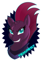 Size: 900x1275 | Tagged: safe, artist:spiritualpresence, tempest shadow, pony, unicorn, g4, my little pony: the movie, armor, broken horn, bust, female, grin, horn, mare, simple background, smiling, solo, transparent background