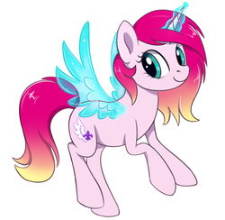 Size: 1501x1462 | Tagged: safe, artist:thebowtieone, oc, oc only, oc:cerise, pony, unicorn, artificial wings, augmented, female, glowing horn, horn, magic, magic wings, mare, simple background, solo, white background, wings