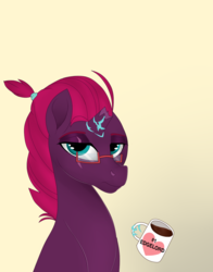 Size: 1061x1352 | Tagged: safe, artist:chroniqlo, tempest shadow, g4, my little pony: the movie, alternate hairstyle, broken horn, coffee, coffee mug, eye scar, female, glasses, hair tie, horn, levitation, looking at you, magic, mug, ponytail, scar, simple background, solo, sparking horn, telekinesis