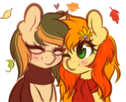 Size: 3180x2578 | Tagged: safe, artist:fluffymaiden, oc, oc only, oc:fall fable, oc:maple floret, earth pony, pony, clothes, female, glasses, high res, leaves, lesbian, oc x oc, scarf, shipping, smiling