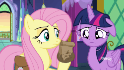 Size: 902x508 | Tagged: safe, screencap, fluttershy, twilight sparkle, alicorn, pony, a health of information, g4, animated, cute, daaaaaaaaaaaw, disappointed, duo, eye shimmer, female, floppy ears, food bag, gif, hnnng, i`m gonna cry, loop, no sweet potato muffins, sad, sadorable, twiabetes, twilight sparkle (alicorn)