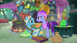Size: 1920x1080 | Tagged: safe, screencap, lilac meadow, meadowbrook, earth pony, pony, a health of information, g4, cauldron, clothes, duo, female, healer's mask, mare, mask, meadowbrook's home, medicine, mother and daughter