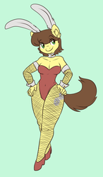 Size: 868x1486 | Tagged: safe, alternate version, artist:fizzy-dog, oc, oc only, earth pony, anthro, unguligrade anthro, bunny ears, bunny suit, clothes, costume, cufflinks, cuffs (clothes), fishnet stockings, leotard, smiling, solo