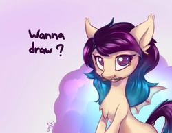 Size: 1180x916 | Tagged: safe, artist:voshi, bat pony, chest fluff, fangs, female, mouth hold, pen, solo