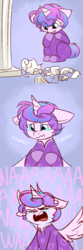 Size: 750x2250 | Tagged: safe, artist:cosmalumi, princess flurry heart, alicorn, pony, g4, broken, clothes, comic, crying, female, filly, flurryheart-babbles, foal, footed sleeper, open mouth, pajamas, pure unfiltered evil, sad, solo, wavy mouth