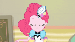 Size: 800x450 | Tagged: safe, screencap, pinkie pie, coinky-dink world, equestria girls, g4, my little pony equestria girls: summertime shorts, animated, explosion, female, food, gif, hat, ice cream, magic, server pinkie pie, solo, sprinkles, waitress