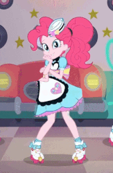 Size: 270x413 | Tagged: safe, edit, edited screencap, screencap, pinkie pie, tip top, coinky-dink world, equestria girls, g4, my little pony equestria girls: summertime shorts, animated, bad edit, dancing, female, gif, looking at you, milkshake malt, nightmare fuel, roller skates, server pinkie pie, solo, waitress, wat