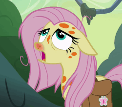 Size: 542x475 | Tagged: safe, screencap, fluttershy, pony, a health of information, g4, animated, dizzy, female, gif, mare, red nosed, saddle bag, sick, spots, swamp fever