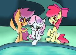 Size: 2200x1600 | Tagged: safe, artist:yourfavoritelove, apple bloom, scootaloo, sweetie belle, g4, cave, cave pool, cutie mark crusaders, mirror pool, this will end in tears and/or death and/or covered in tree sap, xk-class end-of-the-world scenario
