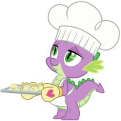 Size: 2251x2263 | Tagged: safe, artist:sonofaskywalker, spike, dragon, a health of information, g4, apron, cauliflower bite, chef, chef's hat, clothes, cute, food, hat, high res, male, mittens, naked apron, oven mitts, simple background, smiling, solo, spikabetes, tail, transparent background, tray, vector