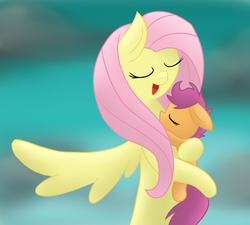 Size: 2000x1800 | Tagged: safe, artist:yourfavoritelove, fluttershy, scootaloo, pegasus, pony, g4, cute, cutealoo, daaaaaaaaaaaw, eyes closed, fluttermom, holding a pony, hug, lullaby, scootalove, shyabetes