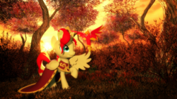 Size: 1920x1080 | Tagged: safe, artist:powdan, philomena, sunset shimmer, alicorn, phoenix, pony, g4, 3d, alicornified, autumn, clothes, dress, female, gmod, mare, race swap, red, shimmercorn, sunset shimmer day, tree, yellow