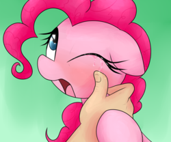 Size: 1200x1000 | Tagged: source needed, safe, artist:datte-before-dawn, pinkie pie, earth pony, human, g4, comforting, crying, floppy ears, hand, heart eyes, human and pony, one eye closed, solo focus, wingding eyes