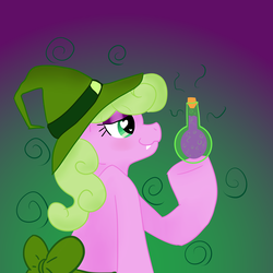 Size: 5000x5000 | Tagged: safe, artist:kiwiscribbles, daisy, flower wishes, g4, absurd resolution, bow, clothes, fangs, female, gradient background, halloween, hat, heart eyes, holiday, potion, solo, wingding eyes, witch, witch hat