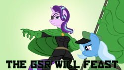 Size: 2870x1614 | Tagged: safe, artist:aaronmk, starlight glimmer, trixie, anthro, unguligrade anthro, g4, breasts, cape, clothes, crossover, eyepatch, text, tooth and tail, uniform, vector