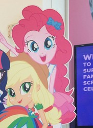 Size: 969x1329 | Tagged: safe, applejack, pinkie pie, rainbow dash, sci-twi, twilight sparkle, equestria girls, g4, my little pony equestria girls: better together, cardboard twilight, cropped, geode of super strength, looking at you, offscreen character, smiling
