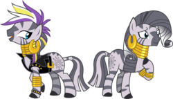 Size: 4688x2689 | Tagged: safe, artist:sketchmcreations, rarity, zecora, zebra, g4, it isn't the mane thing about you, alternate hairstyle, bracelet, clothes, ear piercing, earring, female, jacket, jewelry, leather jacket, mane swap, mohawk, neck rings, piercing, punk, quadrupedal, raised hoof, raricora, raripunk, rarity's hair, simple background, smiling, transparent background, vector, zecorapunk