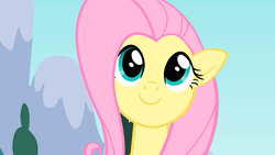 Size: 1280x720 | Tagged: safe, screencap, fluttershy, pegasus, pony, g4, sonic rainboom (episode), cute, female, looking up, mare, mountain, outdoors, shyabetes, sky, smiling, solo