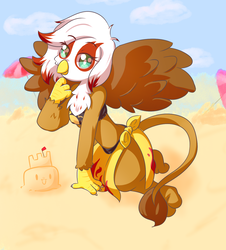 Size: 1174x1300 | Tagged: source needed, safe, artist:mimi_up, oc, oc only, oc:ingrid, griffon, anthro, anthro oc, beach, bikini, clothes, female, kneeling, pinup, sand, sandcastle, solo, swimsuit