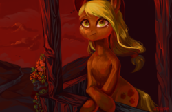 Size: 3780x2464 | Tagged: safe, artist:utauyan, applejack, earth pony, semi-anthro, g4, balcony, crossed hooves, female, flower, high res, signature, sky, smiling, solo, sunset