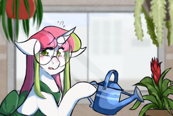 Size: 1500x1000 | Tagged: safe, artist:php172, oc, oc only, oc:stargazer lily, pony, unicorn, apron, blushing, building, clothes, female, floppy ears, flower shop, glasses, mare, nervous, plants, watering can