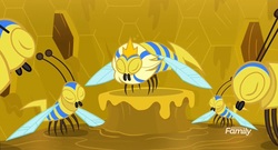 Size: 1919x1039 | Tagged: safe, screencap, bee, flash bee, insect, a health of information, g4, beehive, eyes closed, honeycomb (structure), queen, queen bee