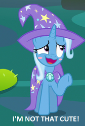 Size: 400x596 | Tagged: safe, edit, edited screencap, screencap, trixie, pony, unicorn, g4, to change a changeling, blatant lies, blush sticker, blushing, cape, clothes, cute, diatrixes, female, hat, i'm not cute, raised hoof, smiling, solo, trixie's cape, trixie's hat