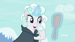 Size: 640x360 | Tagged: safe, screencap, rarity, pony, unicorn, g4, it isn't the mane thing about you, clothes, cloud, cloud mane, cropped, female, happy, magic, mane, mare, mirror, robe, toupee